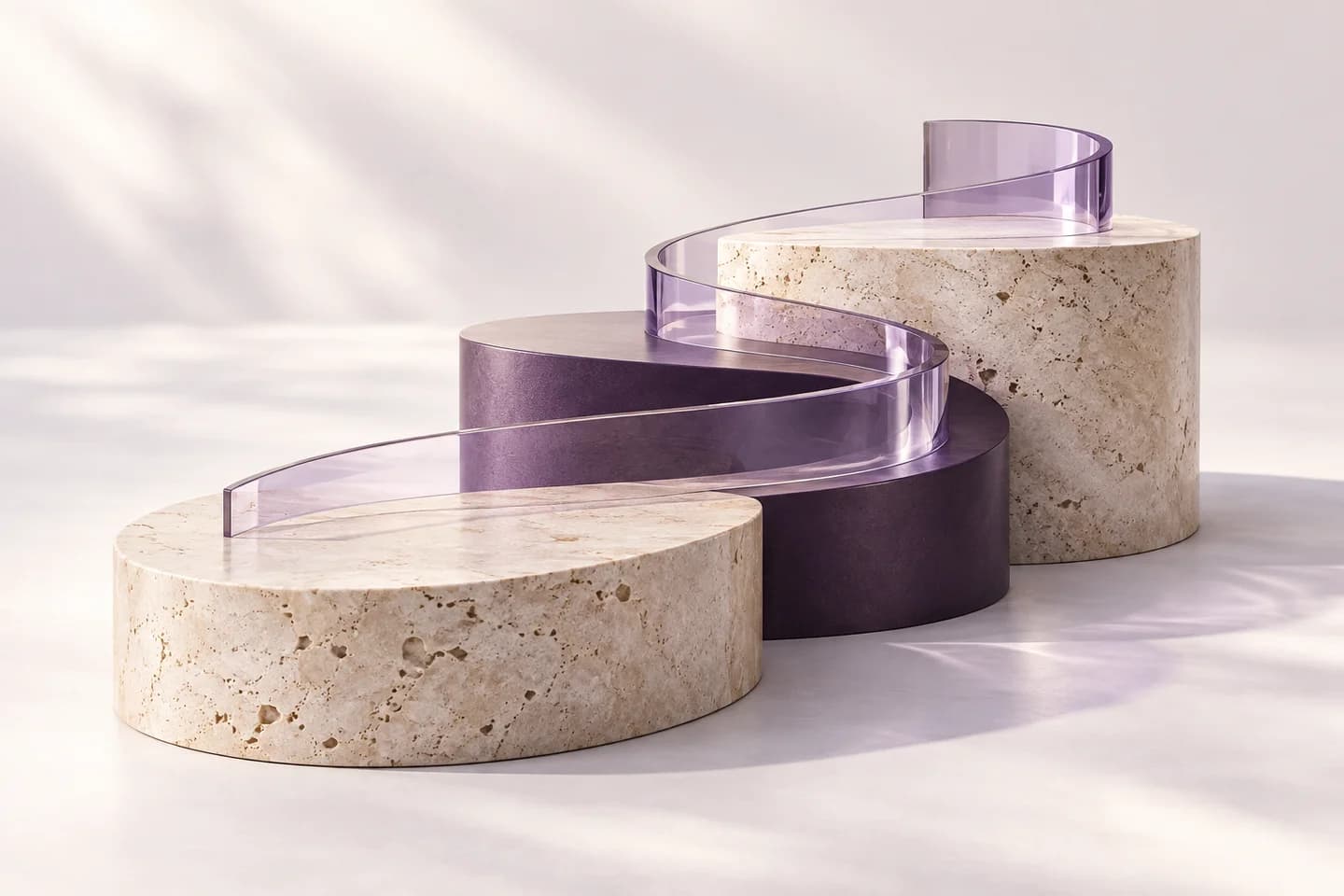Abstrakte aufsteigende Formen aus hellem Stein und violettem Glas, verbunden durch ein gemeinsames Band.